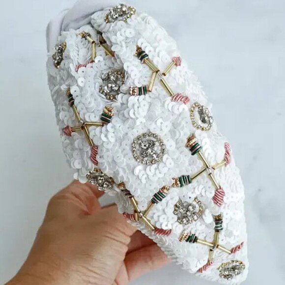 Rhinestone Sparkle White Golf Players Gift Beaded Sequin Boho Knot Headband NEW - Picture 4 of 5